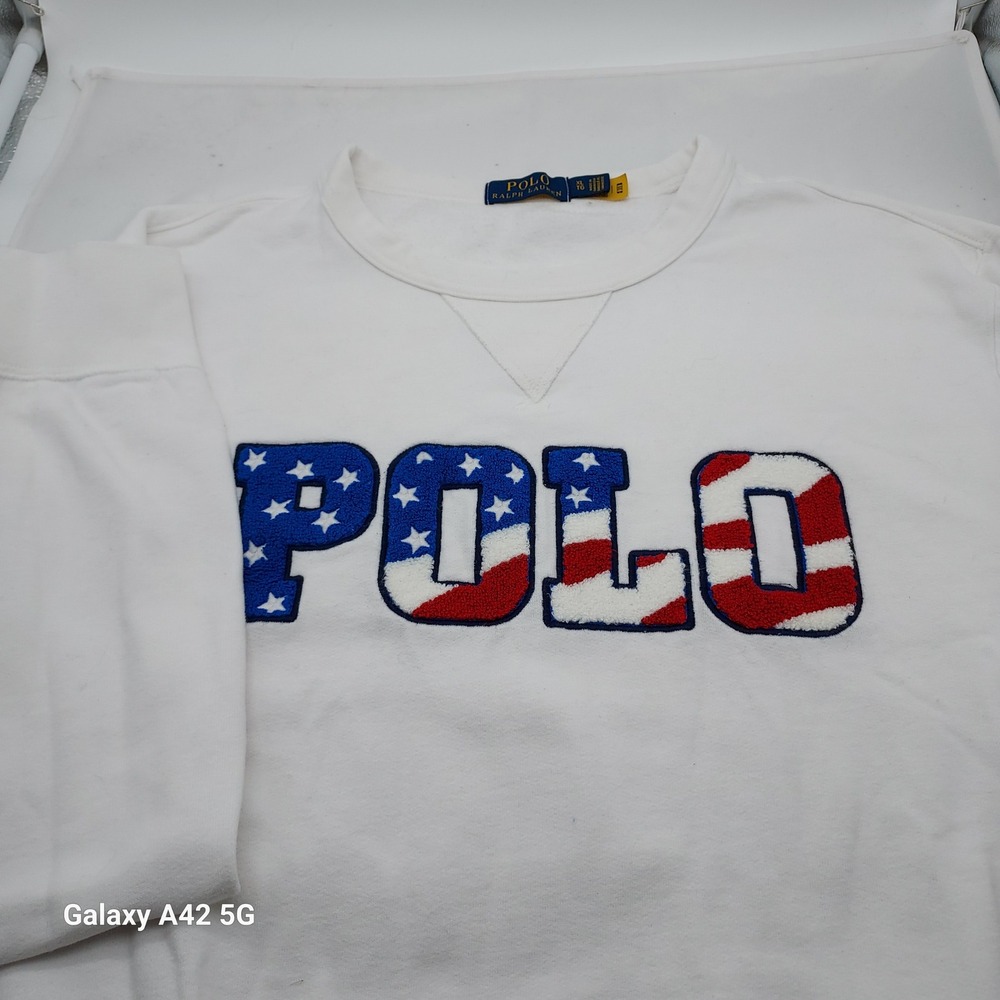 Polo Ralph Lauren Mens XL White American Flag Chenille Logo Sweatshirt Crewneck